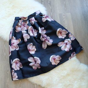 Navy blue pink floral tulip tea length skirt